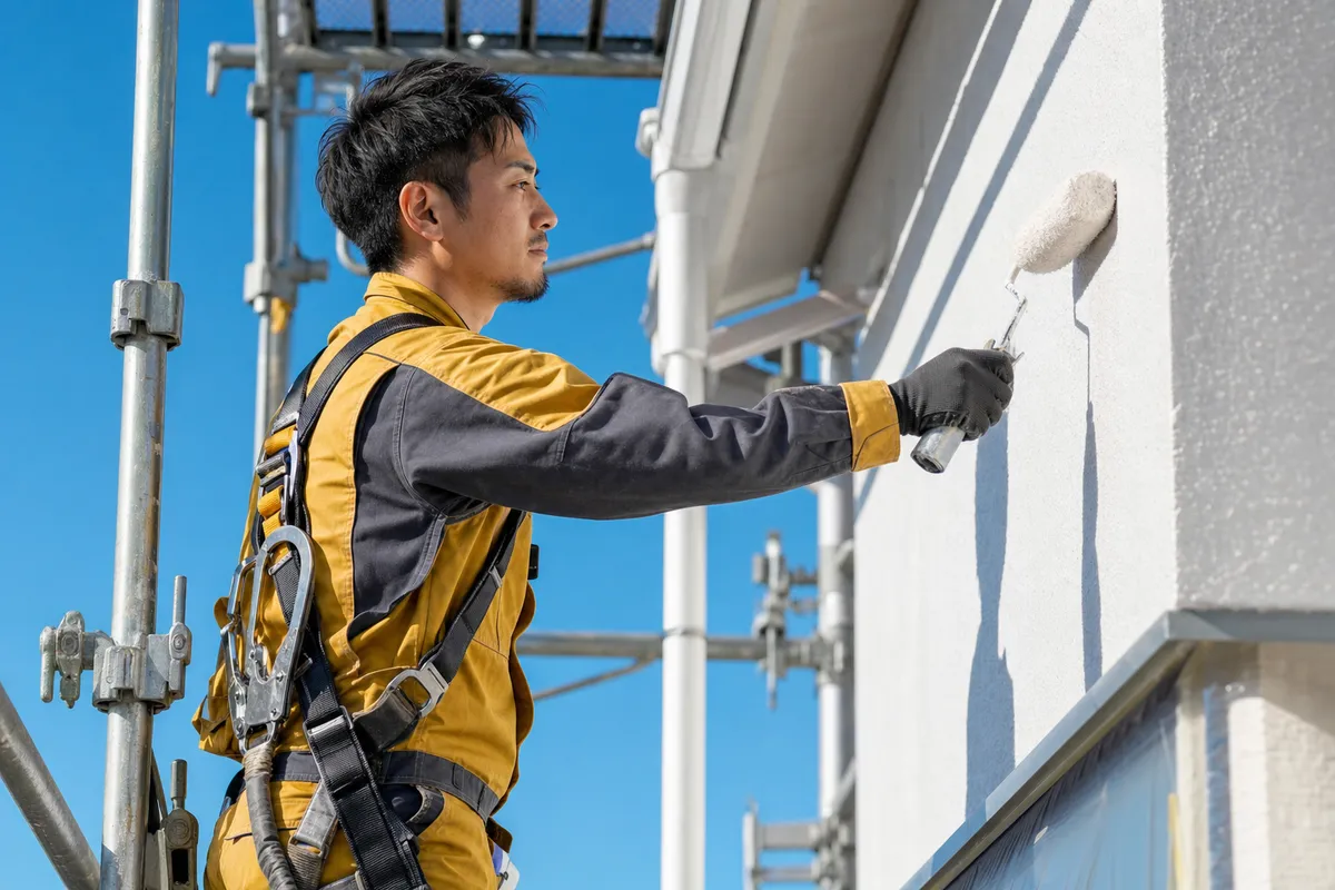 足場の上で外壁塗装を行う外壁ラボの職人