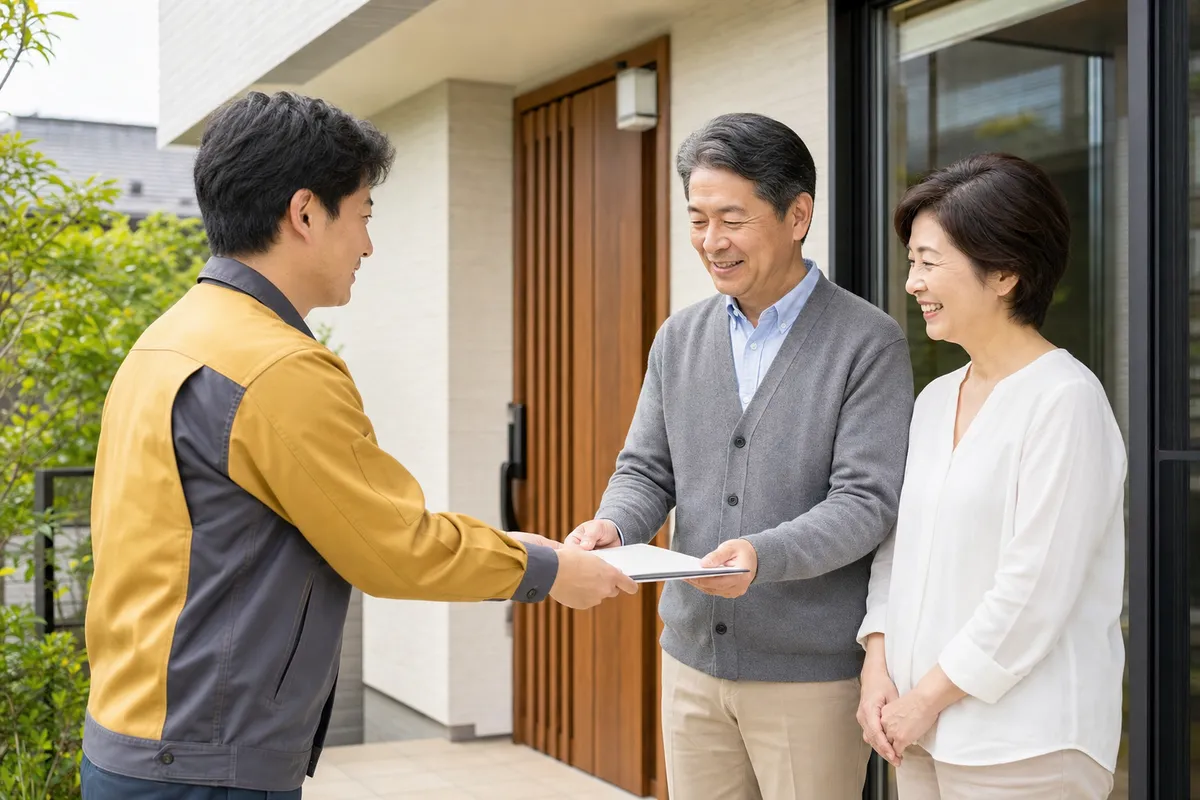 保証書類を手渡しするスタッフとお客様